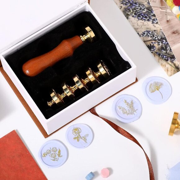 Wax Seal Stamp Gift Box Set 6 Sealing Stamp Heads 1 Wooden Hilt Floral Elegant B - Picture 8 of 10